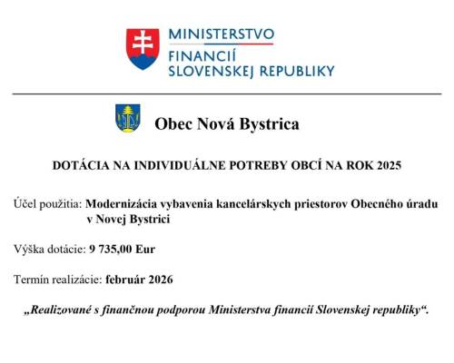 MODERNIZÁCIA KANCELÁRSKYCH PRIESTOROV OBECNÉHO ÚRADU VĎAKA PODPORE Z MINISTERSTVA FINANCIÍ